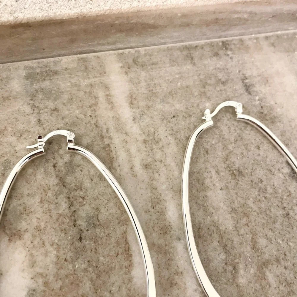 925 Sterling Silver Hoop Earrings Large Oval Silver Hoops Statement Earrings - Picture 3 of 3